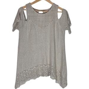 LC Lauren Conrad Women’s XL Cold Shoulder Crochet Sweater Keyhole Tan Cream